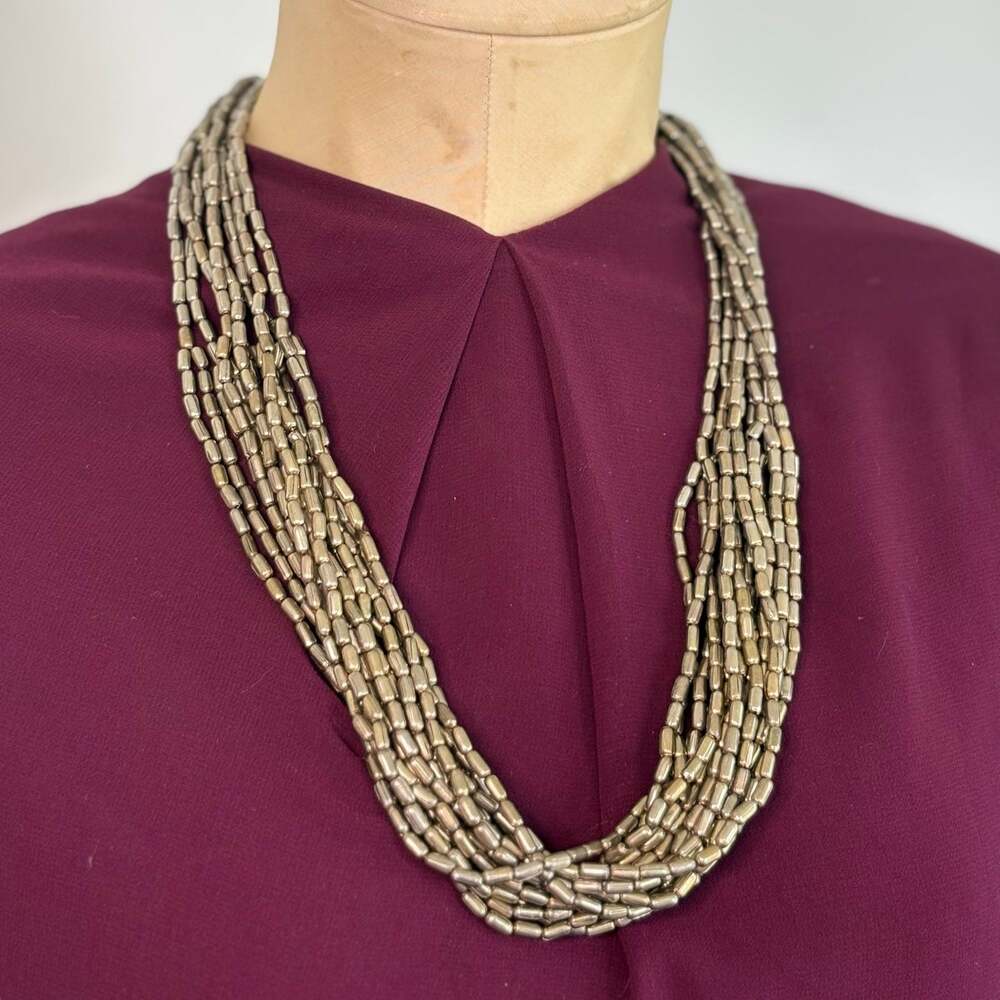 Vintage Gun Metal Gold Silver Tone Multi Strand Bead Necklace Boho Statement 25"